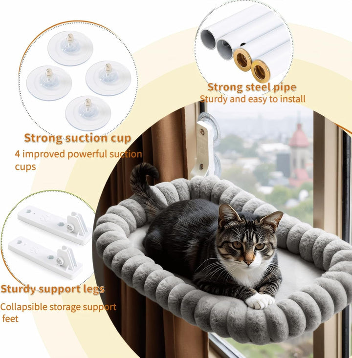 Șezlong pentru pisici Carecooo, hamac pentru pisici cu husă lavabilă, pervaz pufos cu ventuze, șezlong stabil pentru pisici de până la 18 kg, M (52 x 30 cm), gri