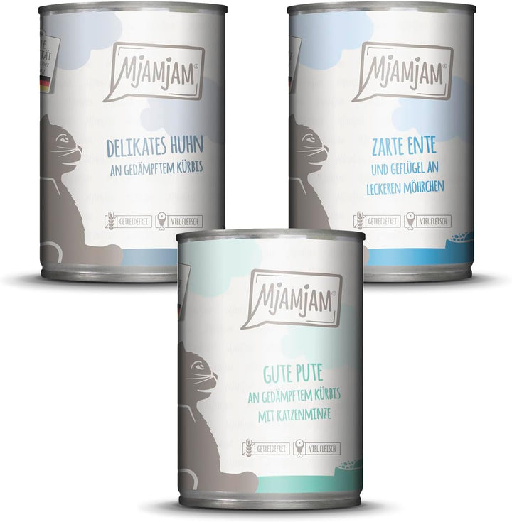 Mjamjam - Hrană umedă premium pentru pisici - Mixpaket II - Game & Rabbit, Turkey & - Hrană umedă premium pentru pisici - Pui suculent cu morcovi gustoși, pachet de 6 (6 X 800 G)