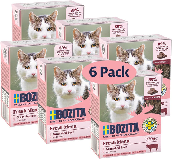 Bozita Tetra Morsels în sos cu carne de vită - 6X370G Hrană premium pentru pisici fără cereale și zahăr, fără OMG - 7,5% proteine și 5% grăsimi - extra nutritivă și gustoasă