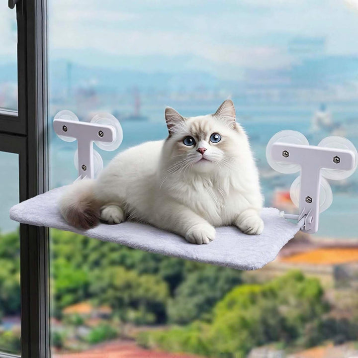 Hamac pentru pisici cu fereastră 52 x 30 cm, pat pentru pisici cu fereastră, covoraș reversibil, pat pliabil cu fereastră și ventuze stabile, până la 18 kg (bej cu puf, 52 x 30 cm)