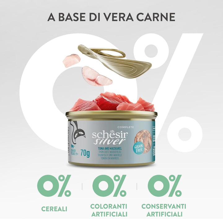 Silver, aromă de ton și macrou, hrană umedă completă pentru pisici în vârstă (12 cutii a 70 g)