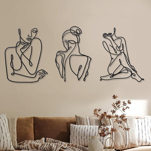 3 bucăți Metal Minimalist Woman Wall Art Deco Modern Metal Abstract Woman Wall Art Female Single Line Line Drawings to Hang for Living Room (negru, modern) Statuete si sculpturi Naty Shop Negru Modern