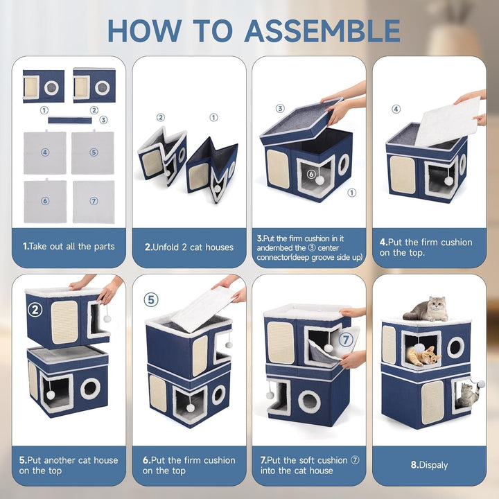 Căsuță pentru pisici Shikha cu 3 straturi, peșteră pliabilă pentru pisici mari, 40L*40l*63H cm, cub pentru pisici de interior, divizibilă în 2 peșteri mari pentru pisici cu ascunzătoare pentru pisici, pat pentru pisici cu zgârietură și minge de joacă