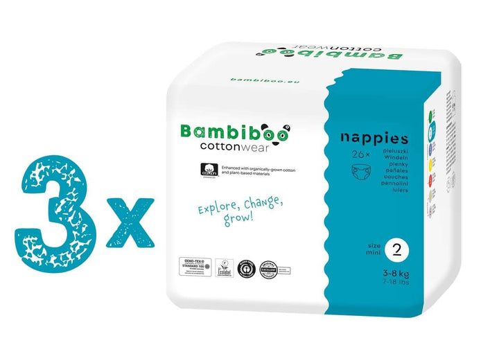 Bambiboo Scutece pentru copii - COTTONWEAR - Scutece de unică folosință pentru copii din bumbac organic și țesături pe bază de plante cu buric decupat Mama si Copilul Naty Shop Scutece, mărimea 2, 78 bucăți