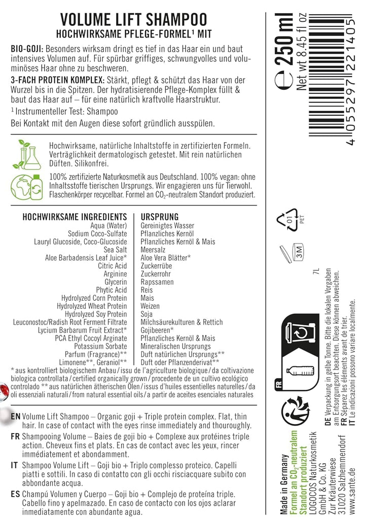 Șampon Sante Natural Cosmetics Volume Lift, 250 ml Naty Shop