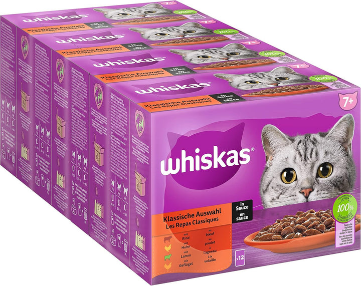Whiskas Senior 7+ Hrană umedă pentru pisici Mixed Selection in Sauce, 48 de pliculețe, 12X85G (pachet de 4) - Hrană umedă de înaltă calitate, pentru pisici de 7 ani și mai în vârstă