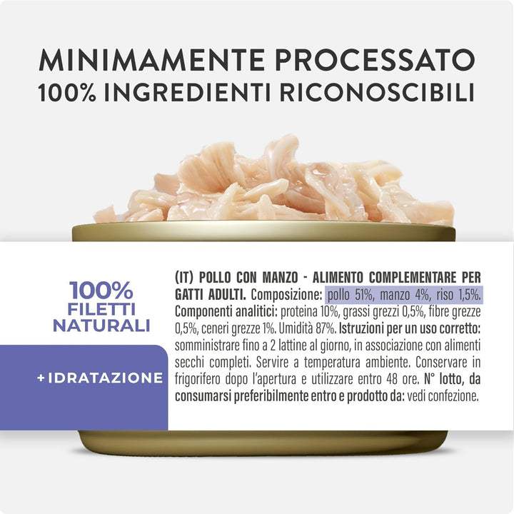 , File de pui cu carne de vită în bulion, Hrană umedă complementară pentru pisici, Rețetă originală, 100% naturală, 12 cutii la 70 G