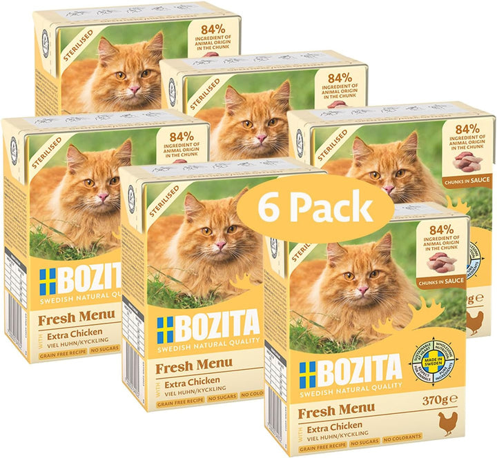 Bozita Tetra Morsels în sos cu carne de vită - 6X370G Hrană premium pentru pisici fără cereale și zahăr, fără OMG - 7,5% proteine și 5% grăsimi - extra nutritivă și gustoasă