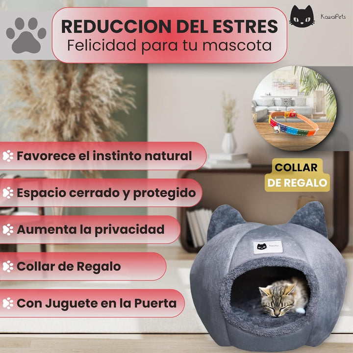 Kawaipets - Pat pentru pisici - Peșteră pentru pisici cu pernă interioară lavabilă și minge de jucărie - Pat pufos pentru pisici - Casă pentru pisici cu zgardă colorată cadou