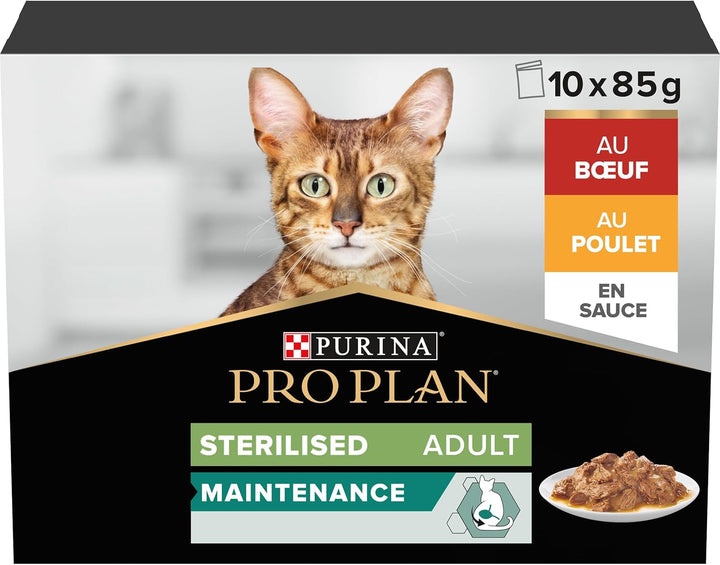 Purina Pro Plan Hrană umedă pentru pisici, sterilizată, bogată în pui și bou, 4 pachete a 10 pungi a 85 g