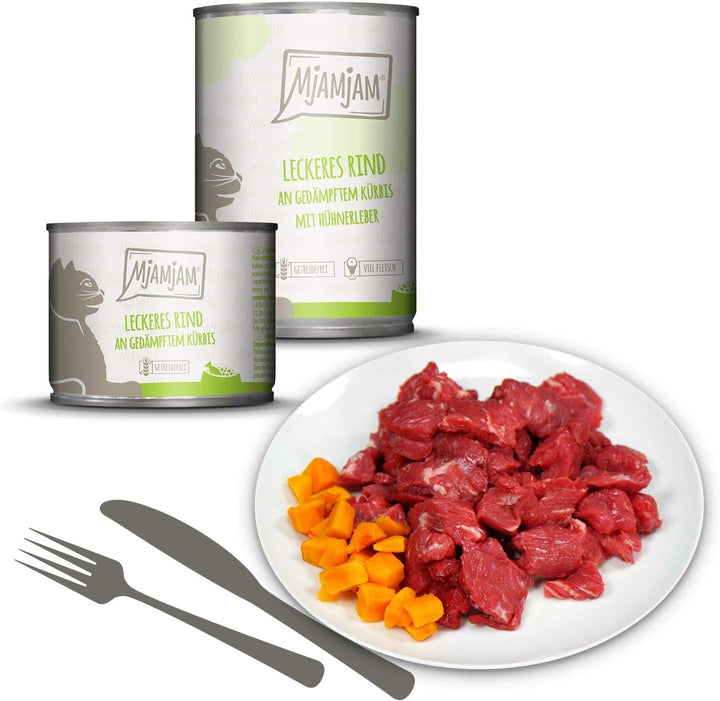 Mjamjam - Hrană umedă premium pentru pisici - Mixpack I - pui, vită, inimi, pachet de 6 (6 X 200 G), fără cereale cu extra carne