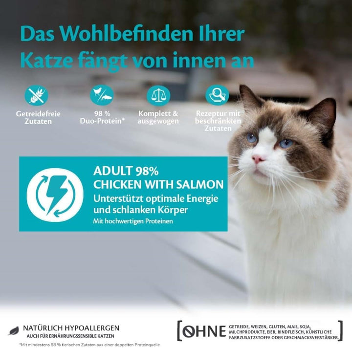 Wellness CORE 98% pui și somon, 12 X 85 G, hrană umedă premium pentru pisici adulte, pateu de hrană pentru pisici, fără zahăr adăugat, fără cereale, cu conținut ridicat de carne