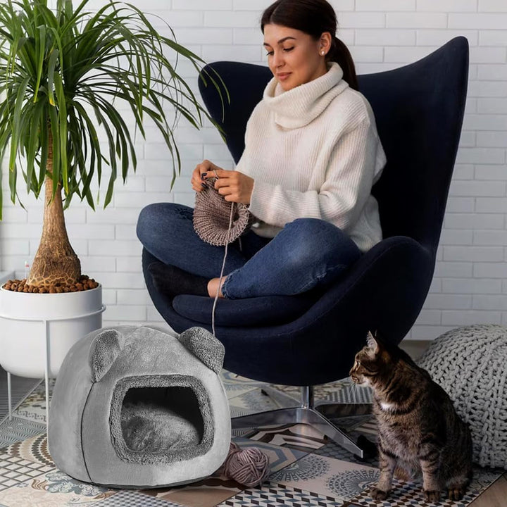 Pat pentru pisici lavabil, peșteră pentru pisici de 40 cm, căsuță lavabilă pentru pisici, pat pentru pisici pufos și lavabil pentru pisici, iepuri, câini și alte animale mici, gri
