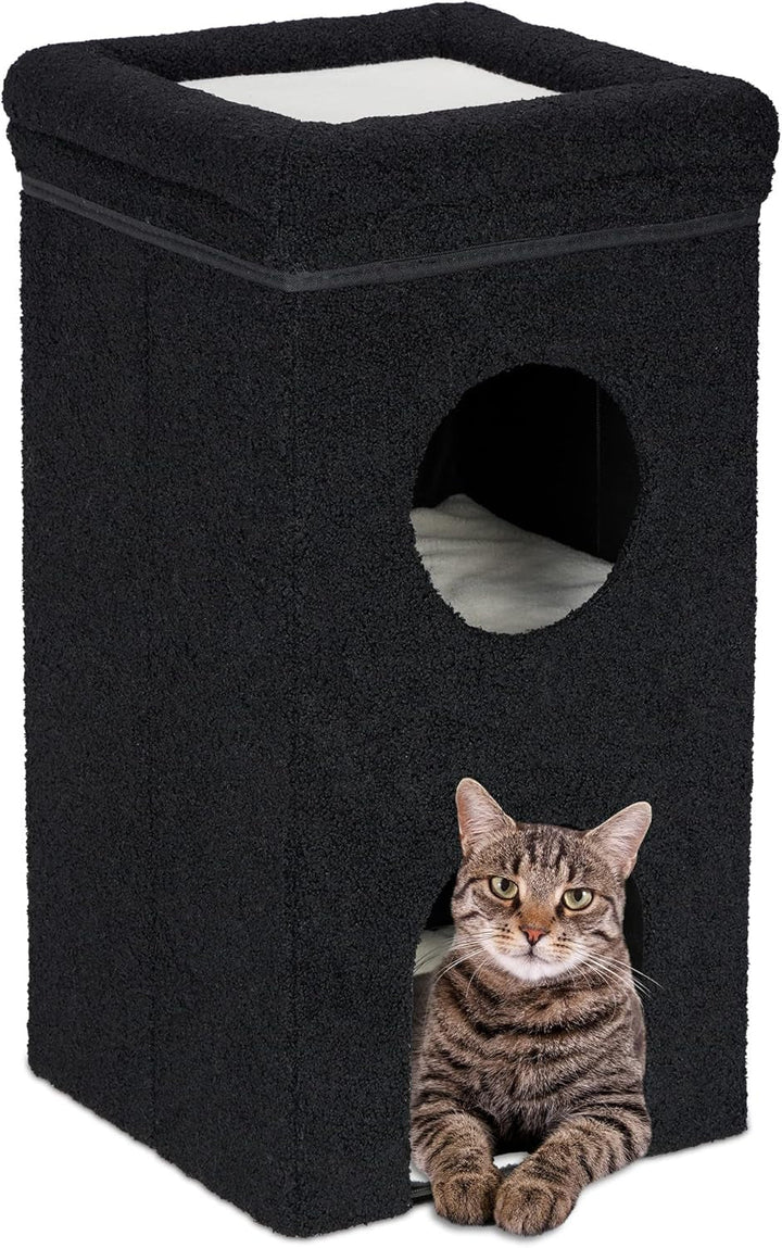 Peșteră pentru pisici Relaxdays, ÎxLxA: 76 x 40 x 40 cm, Căsuță pliabilă pentru pisici cu 3 niveluri, Ascunziș pentru pisici cu scândură, Negru