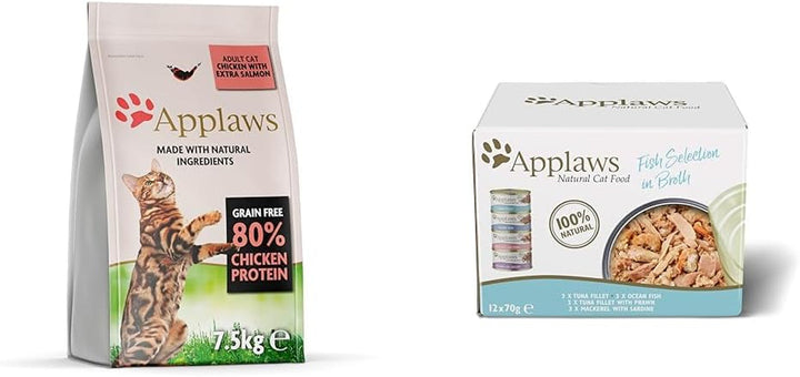 Pachet de hrană umedă pentru pisici Applaws Premium Natural, Pui în bulion 70 G Tin (Pachet 24 X 70 G) +Fillet de ton cu creveți în bulion 70 G Tin (Pachet 24 X 70 G)