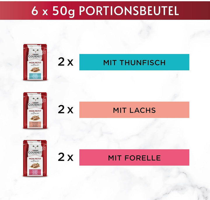 Gourmet Mon Petit Intense hrană umedă pentru pisici, variații de pește, 8-pachet (8 X 6 pungi a câte 50g)