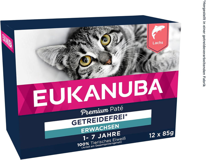 EUKANUBA Senior Cat Food Wet Grain Free - Hrană umedă premium cu mult somon pentru pisici în vârstă, 12 X 85 G