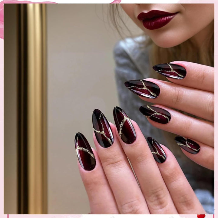 24 de bucăți de unghii artificiale roșii și negre, unghii artificiale pentru lipit, unghii false cu lipici de unghii, vârfuri de unghii în formă de migdală, unghii artificiale cu acoperire completă, set de unghii prin presare, unghii false roșii și negre