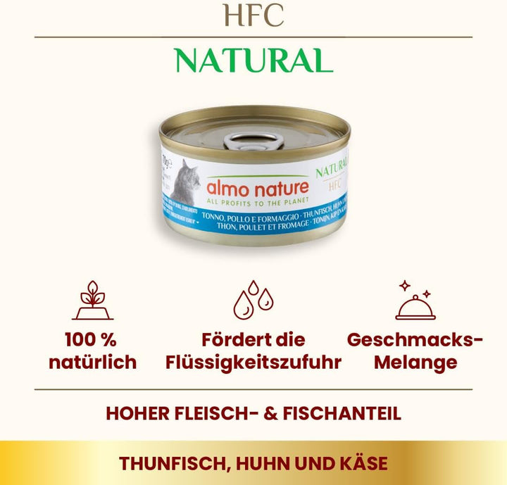 Almo Nature HFC Natural - Hrană umedă pentru pisici adulte - ton, pui și brânză - Human Grade, fără gluten - 6 X 70G
