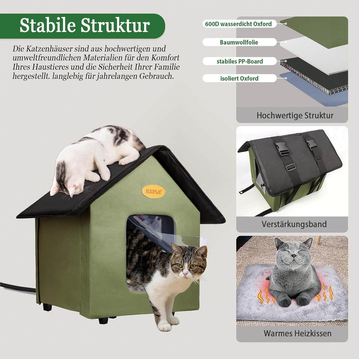 Căsuță încălzită pentru pisici, căsuță pentru exterior, rezistentă la iarnă, impermeabilă cu bază ridicată, căsuță pliabilă pentru pisici sălbatice, pisici de comunitate și câini de talie mică (verde)