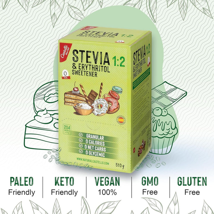 Stevia + Erythrit 1:2 Süßstoff | 204 Beutel Mit 2,5 G | 100% Natürlicher Zuckerersatz - 0 Kalorien - 0 Glykämischer Index - Keto Und Paleo - 0 Kohlenhydrate - Kein GVO - Castello since 1907-510 G Indulcitori Naty Shop