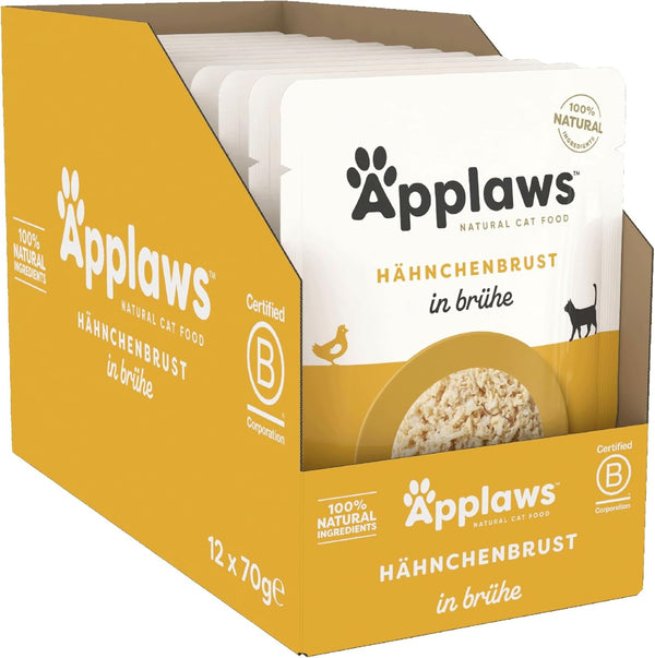 Applaws 100% hrană umedă naturală pentru pisici, piept de pui în bulion - pachet cu 12 pungi de X 70G