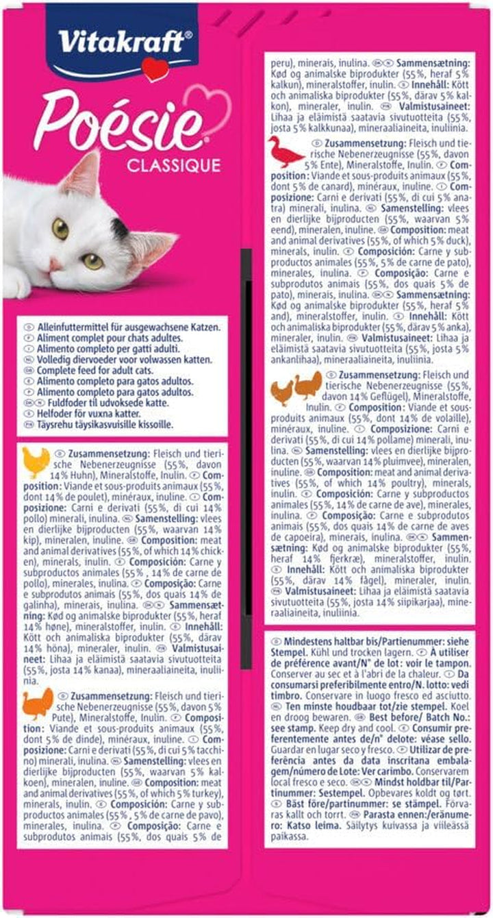 Vitakraft Poésie Classique, hrană umedă pentru pisici, jeleu de hrană umedă pentru pisici, cu pui, cu curcan, cu pasăre, cu rață, fără adaos de zahăr și cereale (5 pachete de 12X 85G)