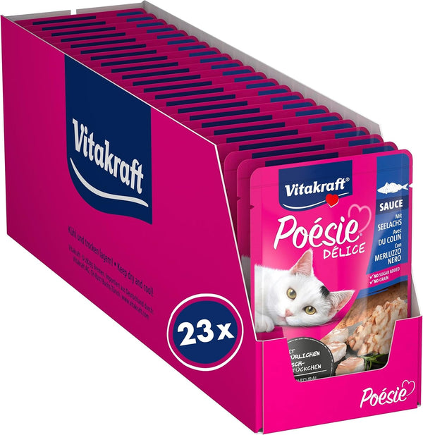 Vitakraft Poésie Délice, hrană umedă pentru pisici, hrană umedă pentru pisici în sos, cu pollock, preambalată, fără adaos de zahăr și cereale (23X 85G)