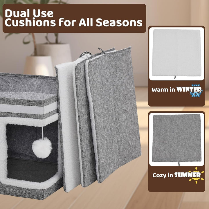 Căsuță pentru pisici de interior, Peșteră pentru pisici multiple, Căsuță pliabilă pentru pisici cu zgârietură, Minge de joacă, Căsuță cubică cu trei etaje, Gri 40 x 40 x 63 cm