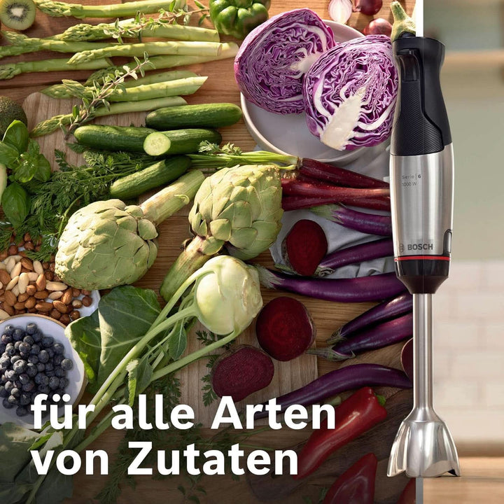 Bosch Stabmixer Ergomaster Serie 6 MSM6M623, 10 Jahre Motorgarantie, Edelstahl-Klingen, Verschleiãÿfreie Keramik-Kupplung, Luftkühlung, Zerkleinerer, Kartoffelstampfer, Schneebesen, 1000 W, Edelstahl Bucatarie Naty Shop