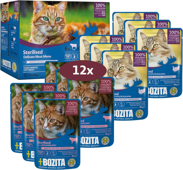 Bozita Sterilised Wet Food Morsels in Jelly With Meat - 12X85G săculeți Grain Free & Wheat Free Food For Cats - Hrană umedă pentru pisici cu un conținut de 8,5% proteine și 3,5% grăsimi