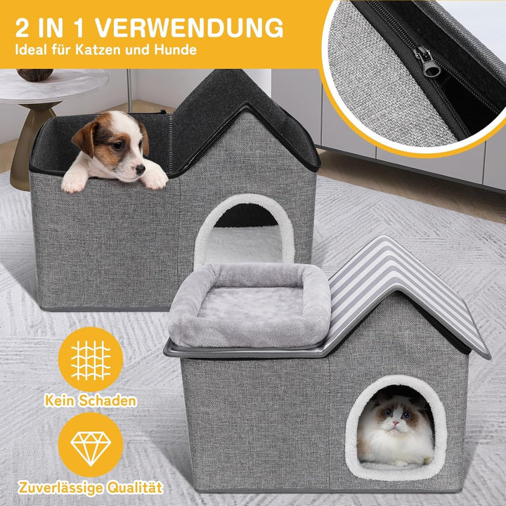 Pat pentru pisici Zvonema, Peșteră pentru pisici, Pat lavabil pentru câini, Pat pliabil 2 în 1 pentru animale de companie, Casă pentru pisici de interior cu pernă detașabilă din pluș, Îmbunătățește somnul, Casă pentru pisici de exterior, pentru căței