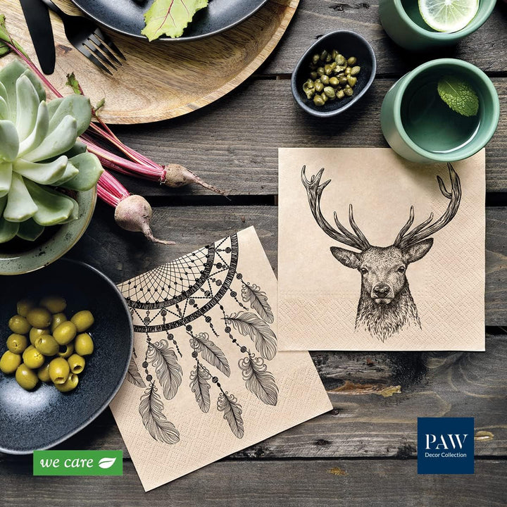 Collection de décoration de pattes X PAW DÉCORD COM LINES DE PAPIER CM avec 3 couches. 20 pièces. Imprimé avec des couleurs à base d'eau. Décorations de table. Nature, HIRSC, PAW_022022, cerf, 33 x 33 cm (package avec 3)