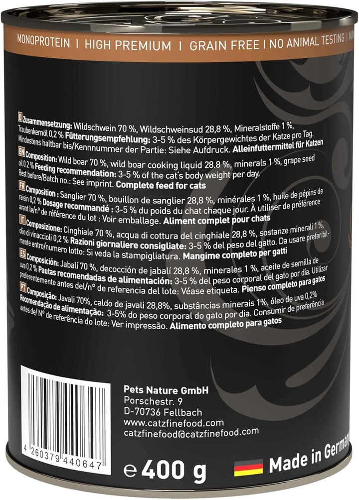 Catz Finefood Purrrrr Wild Boar Monoprotein Cat Food Wet N° 109, Pentru pisici sensibile din punct de vedere nutrițional, 70% carne, cutie 6 X 400G
