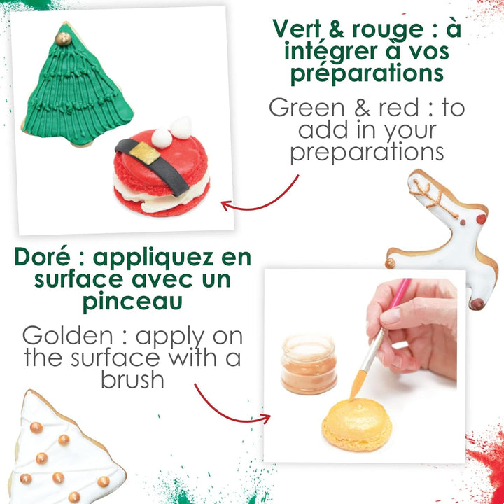 Scrapcooking - Set de 3 coloranți alimentari pudră de Crăciun - Roșu, Verde, Auriu - Colorant alimentar comestibil pentru copt, prăjituri, fursecuri, produse de patiserie, aluat, fondant - Decorațiuni de Crăciun - 4018