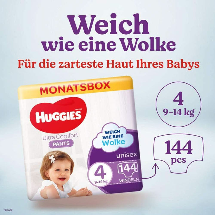 Huggies Ultra Comfort Pants mărimea 4, 9 - 14 kg, Pentru copii activi, Cu indicator de umezeală și tehnologie cloud waistband, 144 scutece Mama si Copilul Naty Shop