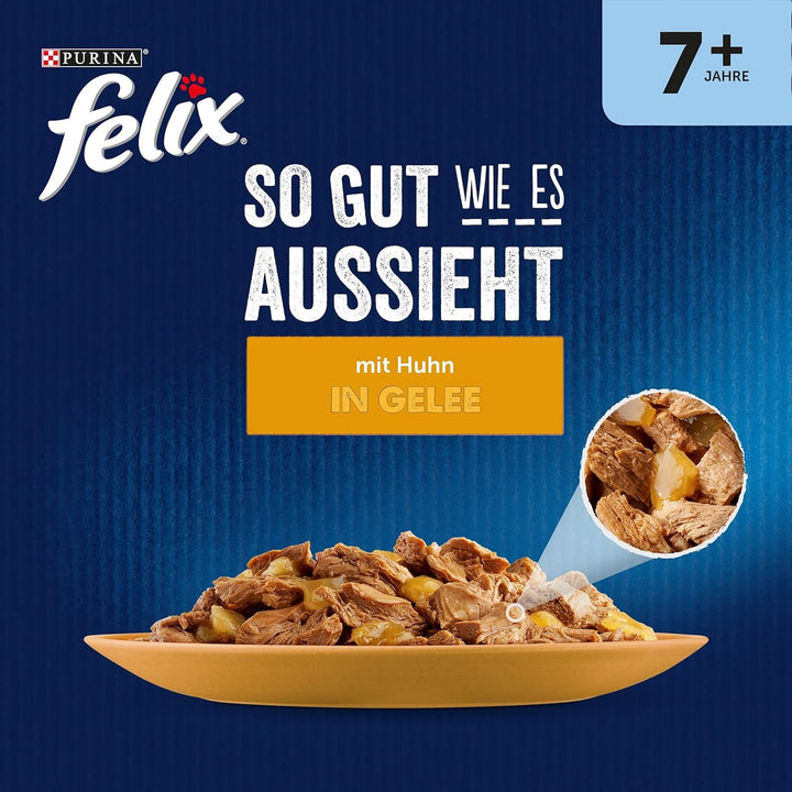 FELIX so Good How It Looks Hrană pentru pisici bătrâne umedă în jeleu, cu pui, pachet de 26 (26 X 85G)