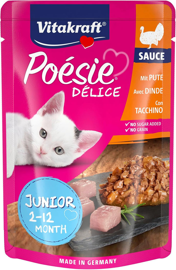Vitakraft Poésie Délice, Junior, hrană umedă pentru pisici, hrană umedă în sos, cu curcan, preambalată, pentru pisici tinere, fără adaos de zahăr și cereale (23X 85G)