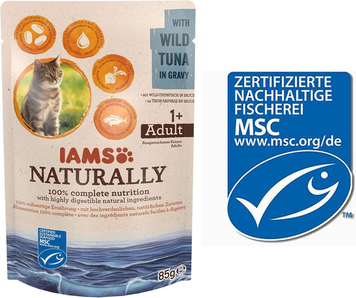 Iams Naturally Tuna Cat Food Wet, hrană umedă premium pentru pisici adulte în sos, 24 X 85G