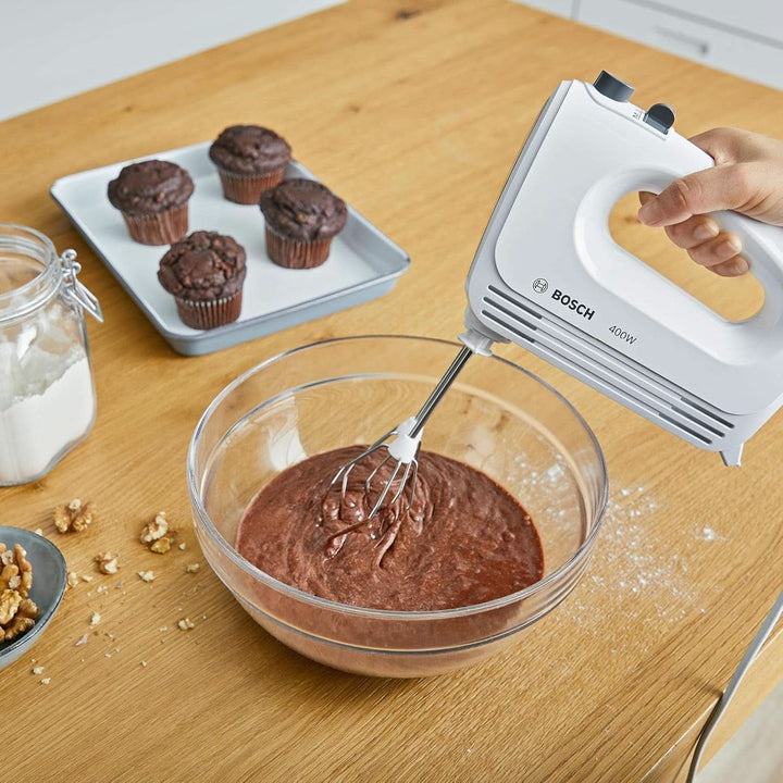 Bosch Hausgeräte Handrührer Clevermixx MFQ24200, 2 Rührbesen, 2 Spülmaschinengeeignet, 4 Stufen, Leicht, Leise, 400 W Weiß/Edelstahl Bucatarie Naty Shop