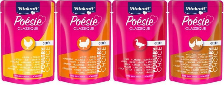 Vitakraft Poésie Classique, hrană umedă pentru pisici, jeleu de hrană umedă pentru pisici, cu pui, cu curcan, cu pasăre, cu rață, fără adaos de zahăr și cereale (5 pachete de 12X 85G)