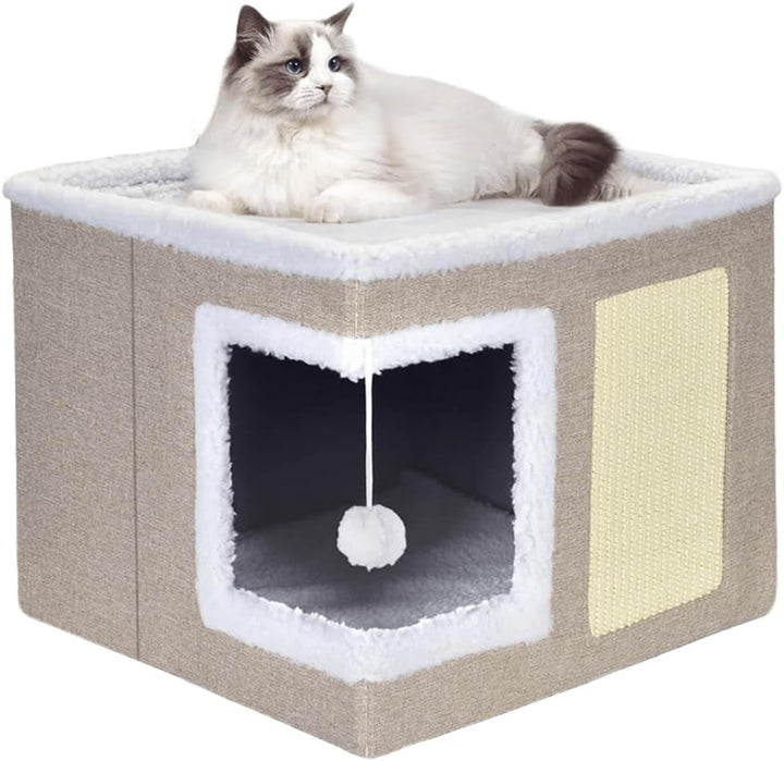 Peșteră pentru pisici, paturi pentru pisici, căsuță pentru pisici, peșteră pliabilă pentru pat de pisică cu scărpinat și minge de joacă, peșteră pliabilă pentru pat de pisică pentru dormit, ascundere, joacă și zgâriat (roz, mediu)