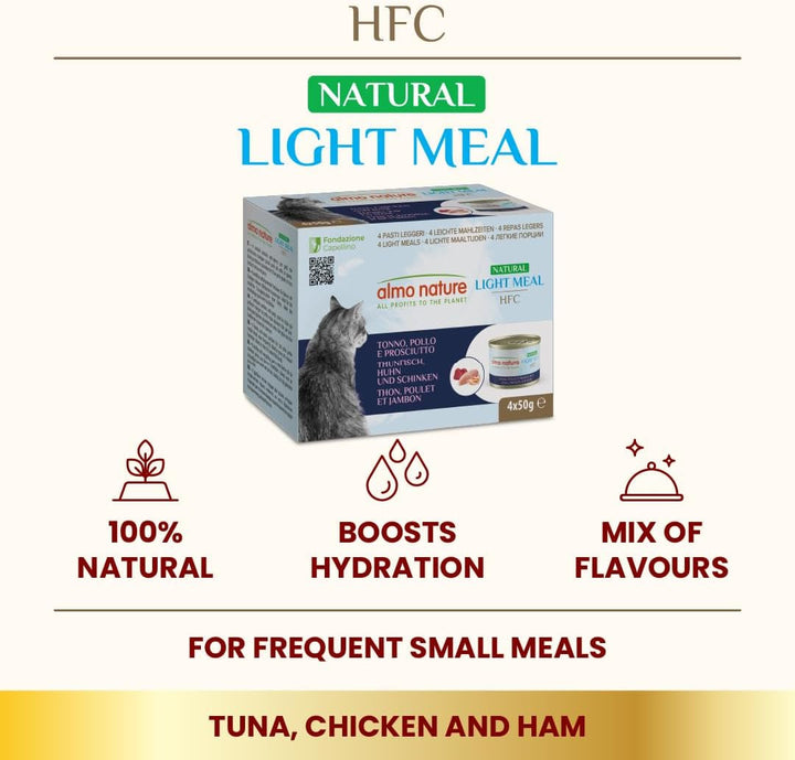 Almo Nature HFC Natural Light Meal - ton, pui și șuncă - hrană umedă pentru pisici adulte: 4 pachete a câte 50 g