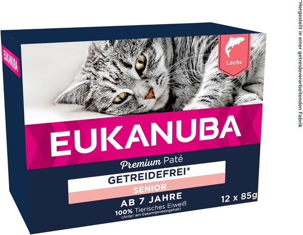 EUKANUBA Senior Cat Food Wet Grain Free - Hrană umedă premium cu mult somon pentru pisici în vârstă, 12 X 85 G