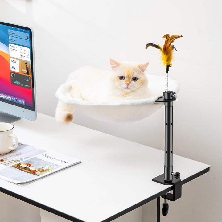 Pat pentru pisici Uross pentru birou - Rotabil la 360° și reglabil pe înălțime, Hamac moale pentru pisici cu 2 huse lavabile, Loc de dormit pentru pisici la birou - Utilizare pe tot parcursul anului (Bej)