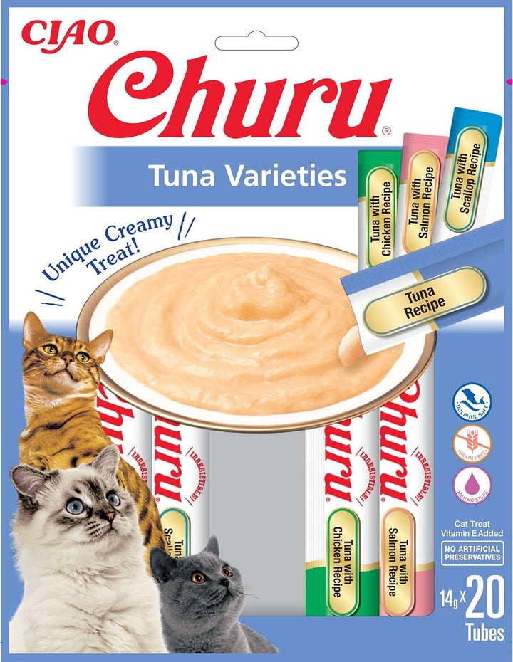INABA Churu Hairball Control anti Hairball Tratamente premium pentru pisici cu taurină și fibre, pui și ton 20 X 14 G | Fără cereale, fără zahăr, fără subproduse, anti hairball cat