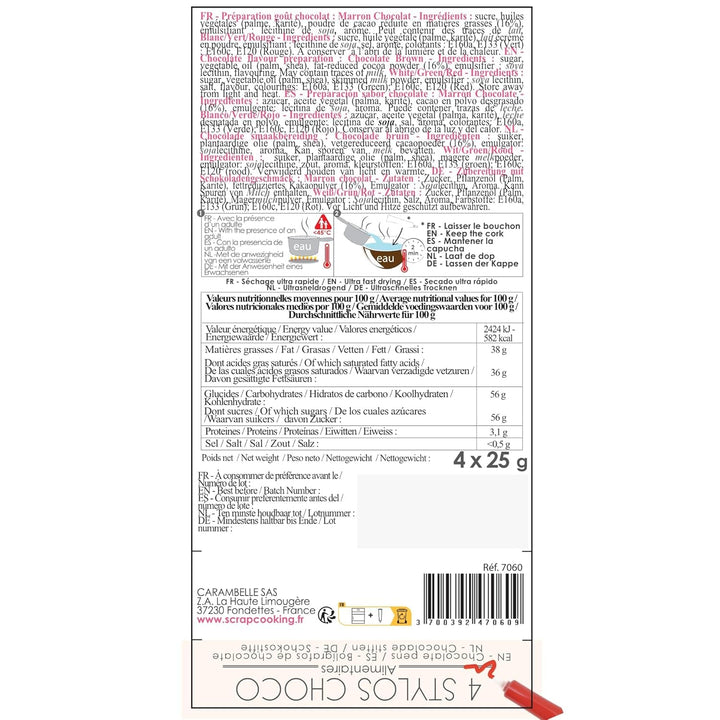 Scrapcooking - Set de 4 creioane colorate de ciocolată de Crăciun - Maro, Alb, Verde și Roșu - Colorant comestibil - Colorant alimentar pentru scris - Scrie și desenează pe deserturi, prăjituri și fursecuri - 7060