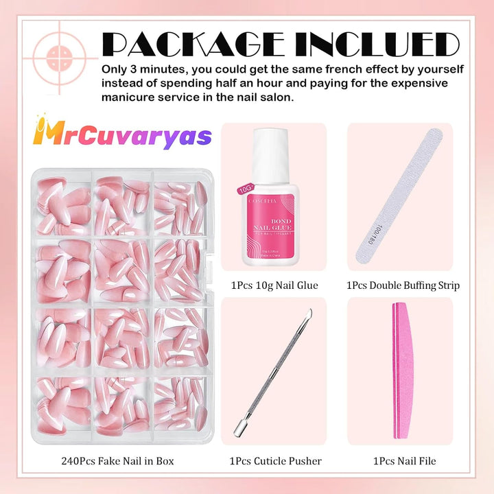 Set de unghii false - 240 de bucăți, unghii false franțuzești, pentru lipit - Design gradient alb roz, unghii artificiale, acoperire completă, gel moale, naturale și confortabile la purtare (migdală roz)