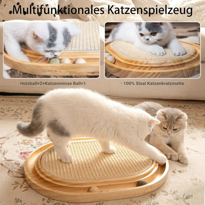 Placă de zgâriat din sisal - Jucărie 2 în 1 pentru pisici, lemn masiv de pin și pernă de sisal natural și bile de catnip - Covoraș de zgâriat 43 x 33 x 3 cm pentru toate pisicile, pentru a se juca și relaxa