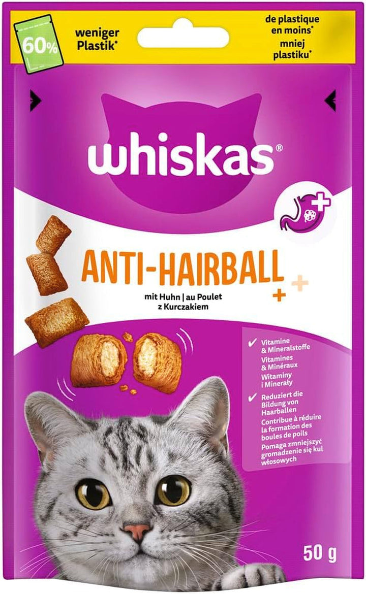 WHISKAS Anti-Hairball Cat Snacks 6 X 50G - Snacks-uri delicioase împotriva bilelor de păr pentru o blană sănătoasă